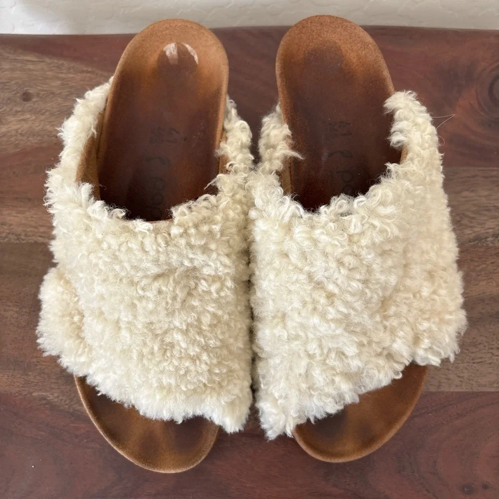 Birkenstock papillio Cream Fuzzy leather Platform Sandals. 10